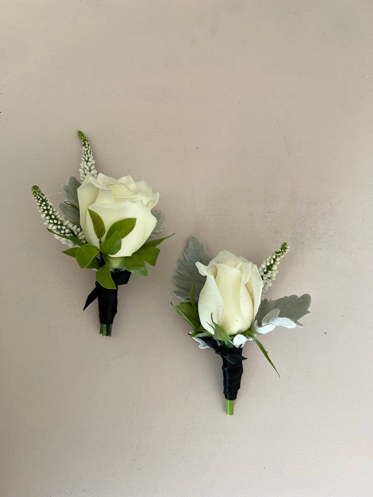 Reflexed White Rose Bridal Bouquet & Buttonhole Set